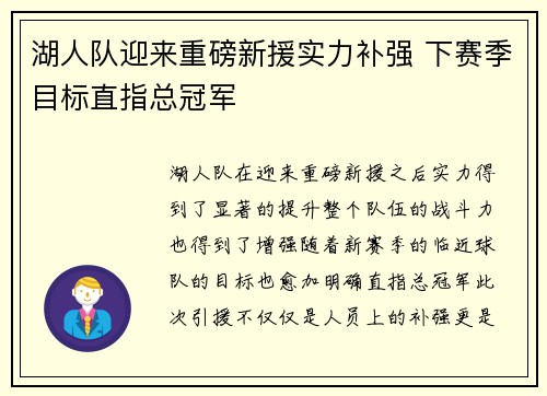 湖人队迎来重磅新援实力补强 下赛季目标直指总冠军